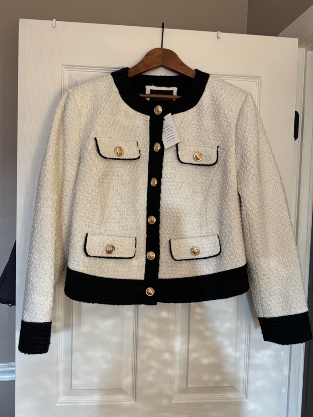 Eloquii Ivory Bouclé Jacket with Black Trim and Gold Buttons